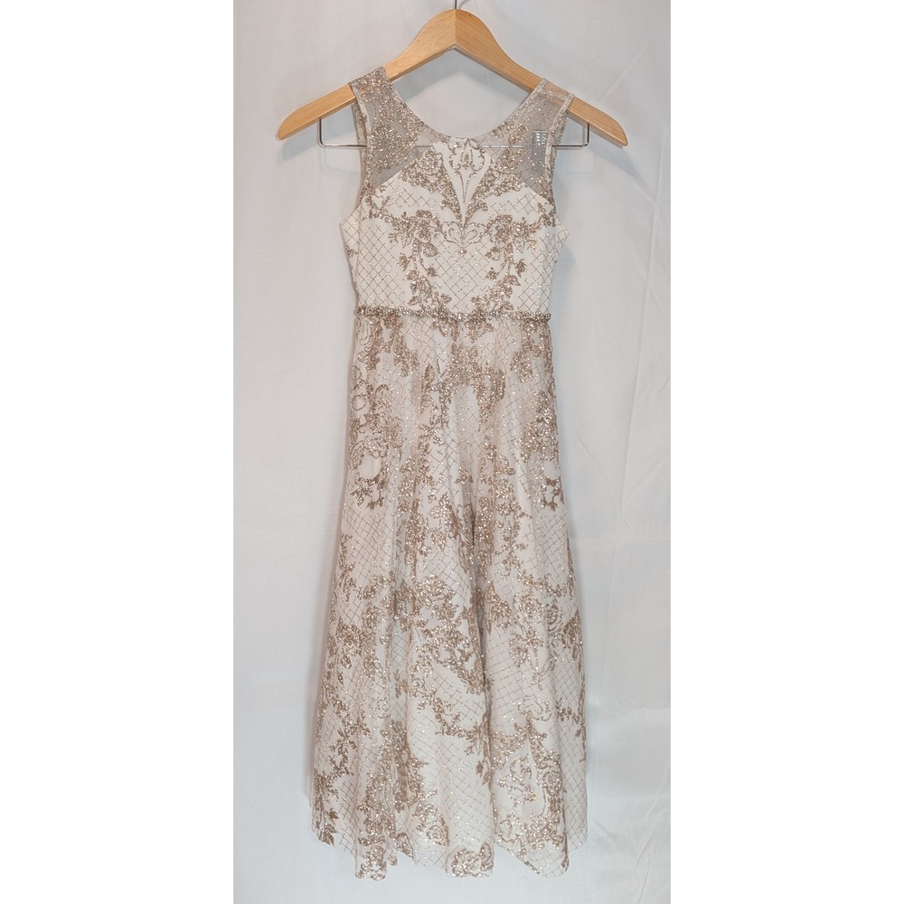 Tween Diva Girls Size 8 Glitter Lace Rhinestone Formal Dress White Gold E444579